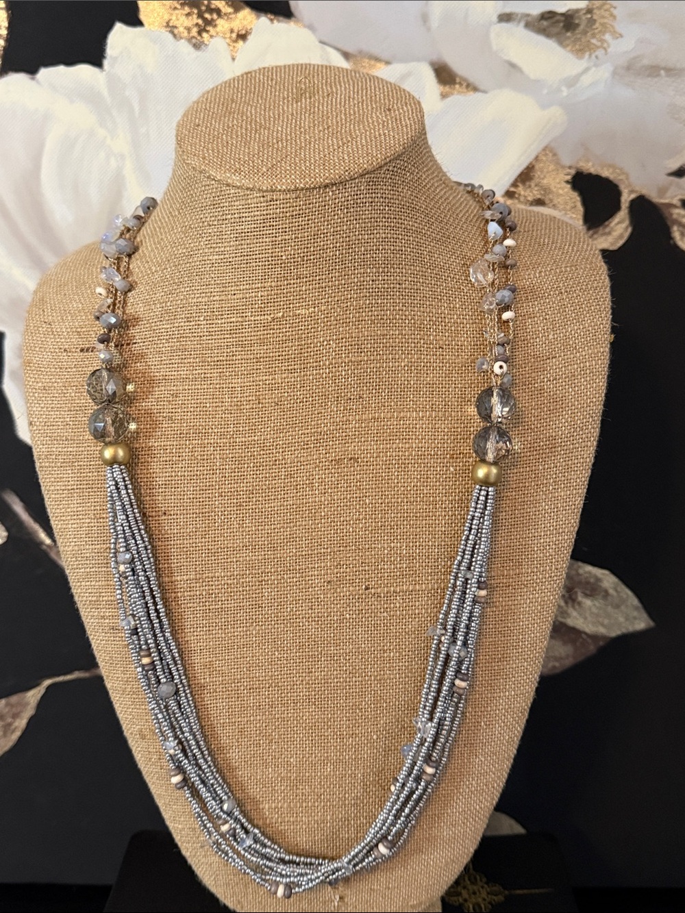 Multi-Strand Long Gray Beaded Necklace with Gold Accents - Women's Jewelry